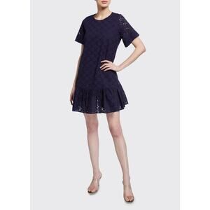 Milly Navy Cece Leaf Eyelet Flounce-Hem Ruffle Short Shift Dress, 2